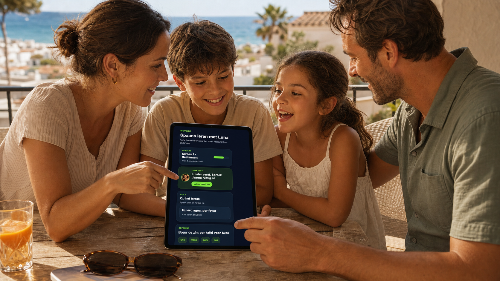 Gezin oefent Spaans met de MOVJOO app en AI coach Luna op vakantie in Spanje