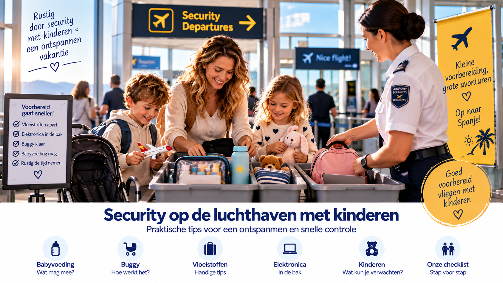 Security op de luchthaven met kinderen